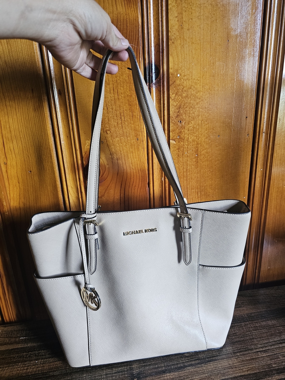 Michael Kors Taupe Saffiano Tote with Gold Accents